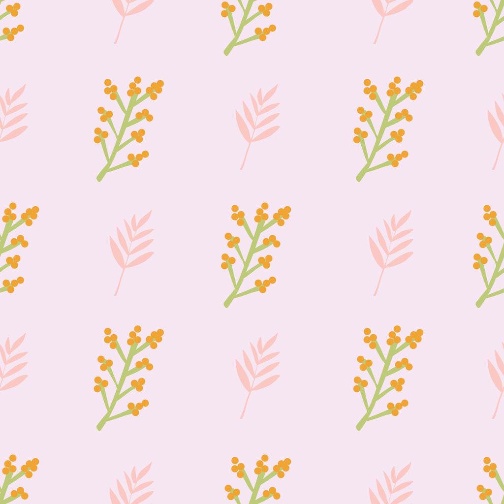 Golden Berries, peel and stick wallpaper, soft botanical wallpaper featuring delicate pink leaves and golden berry