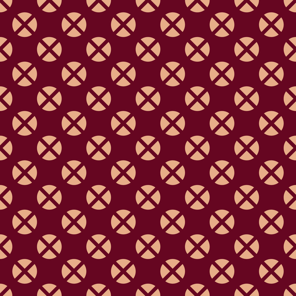 Crimson Medallions, peel and stick wallpaper, circular motifs with bold cross accents repeat across a rich background