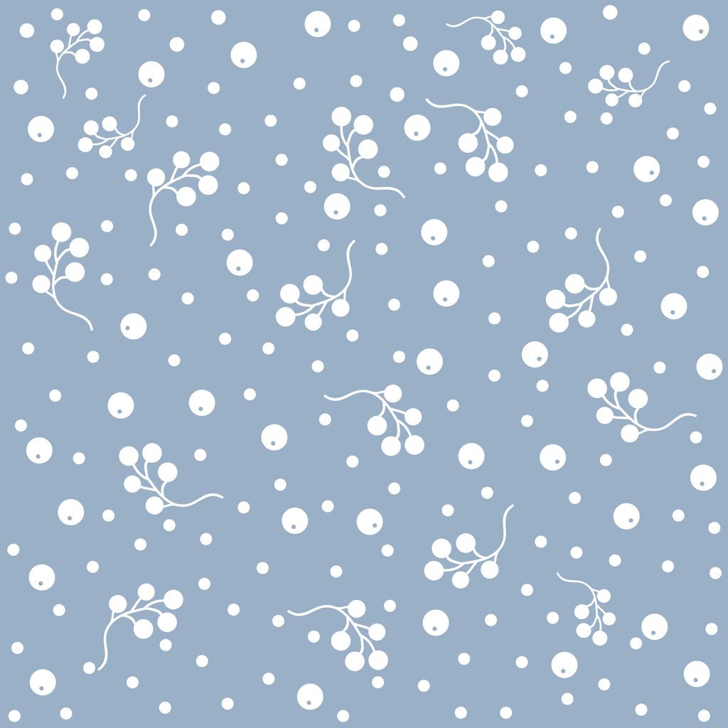 Berry Drift, peel and stick wallpaper, delicate berry sprigs and scattered dots drift across a calming blue background