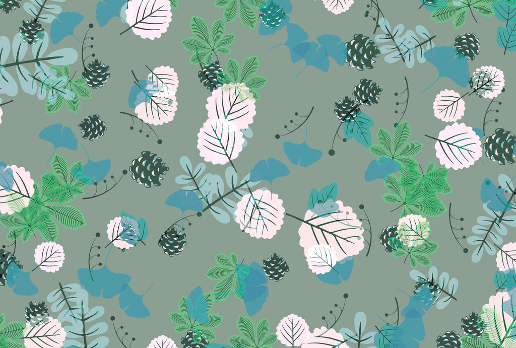Sage Grove botanical wallpaper with chestnut and ginkgo leaves on a sage green ground