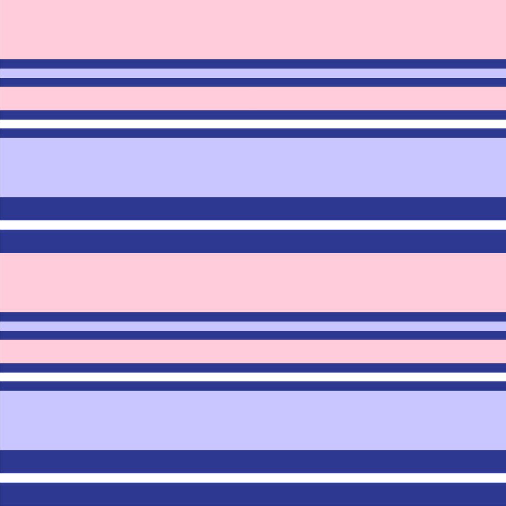 Royal Pastels, peel and stick wallpaper, horizontal stripes in deep royal blue, soft lavender, blush pink, and light gray