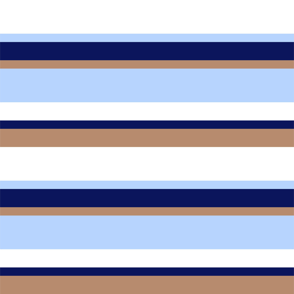 Harbor Stripes, peel and stick wallpaper, horizontal bands of navy blue, sky blue, warm tan, and soft gray