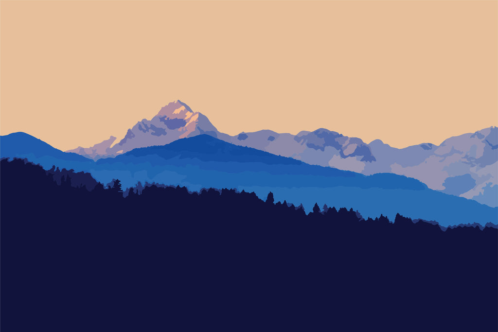 Silent Ranges, wallpaper mural, layered mountain silhouettes fade into calm horizons, blending dusk blues with warm sky