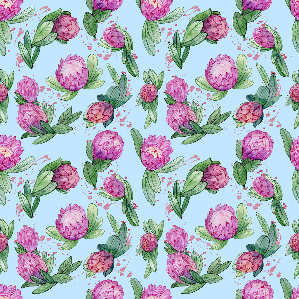 Sky Protea, peel and stick wallpaper, hand illustrated protea blooms dance across a soft sky blue background, accented
