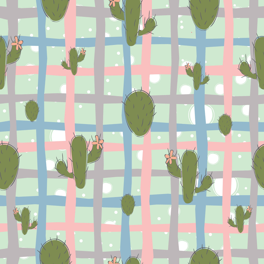 Desert Plaid, peel and stick wallpaper, playful cactus wallpaper layered over a soft pastel plaid background, blending