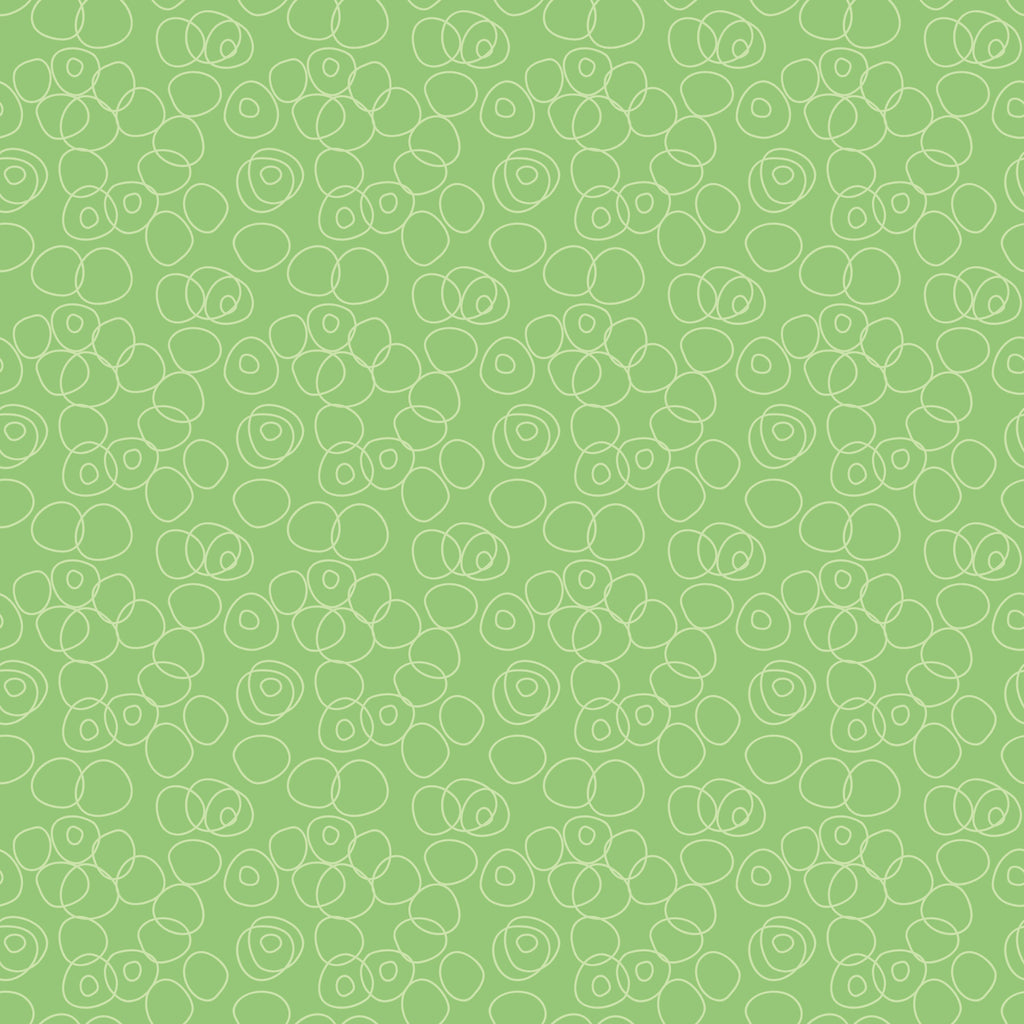 Meadow Loops, peel and stick wallpaper, playful hand-drawn circular blooms repeat across a fresh green background