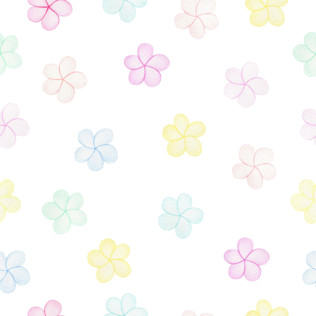 Pastel Petals, peel and stick wallpaper, playful watercolor flowers scatter gently across a clean background, bringing