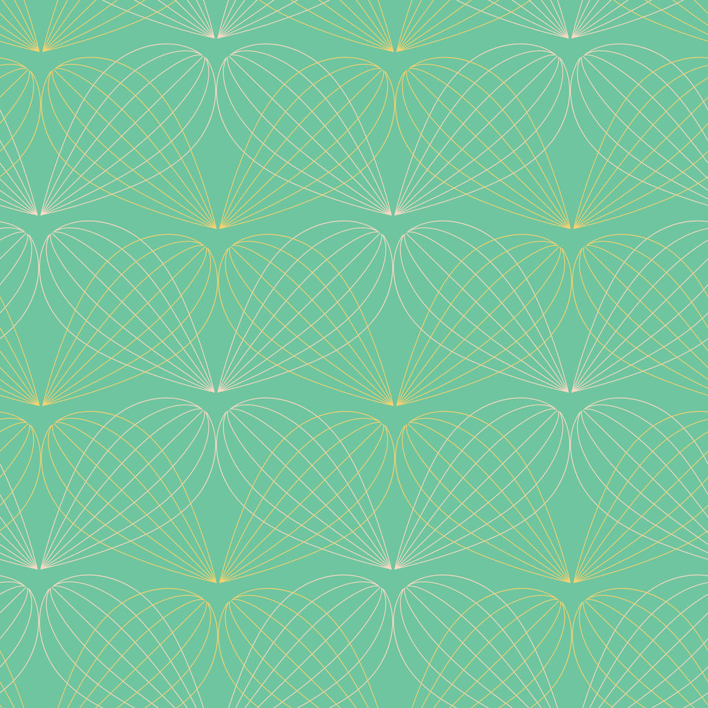 Teal Harmony, peel and stick wallpaper, graceful curved lines intersect to form heart-like geometric shapes
