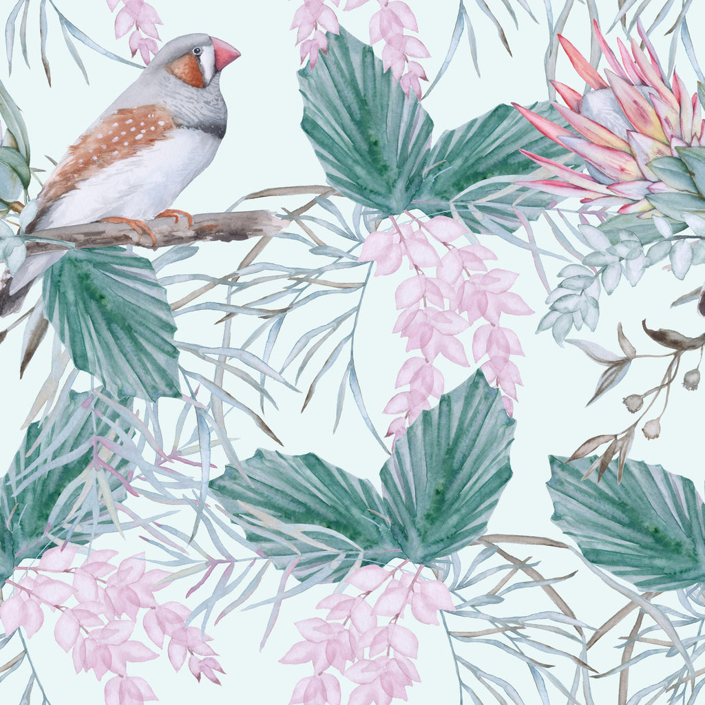 Birdsong Botanicals, peel and stick wallpaper, soft watercolor birds perch among protea blooms and flowing tropical