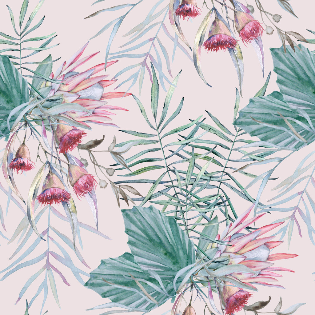 Blush Tropicals, peel and stick wallpaper, soft watercolor tropical leaves and protea blooms drift across a gentle blush