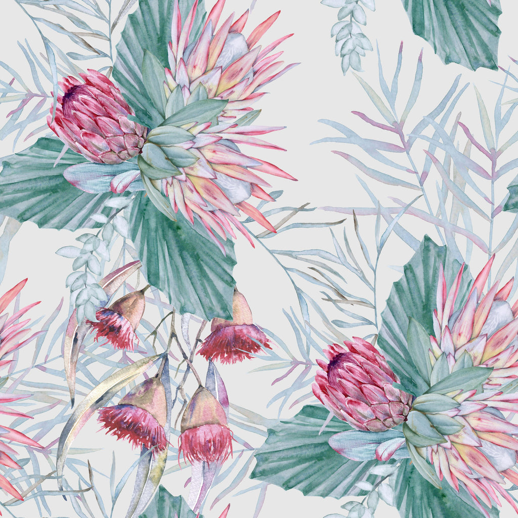 Protea Garden, peel and stick wallpaper, lush watercolor protea blooms and soft eucalyptus leaves intertwine