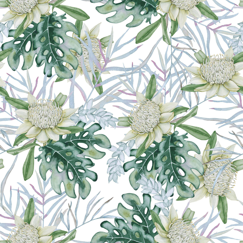 Tropical Protea, peel and stick wallpaper, lush watercolor florals combine creamy protea blooms with layered tropical