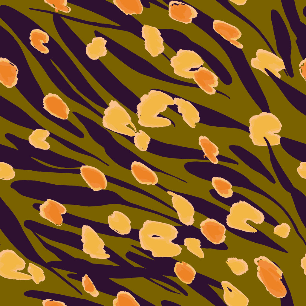 Savanna Dapple, peel and stick wallpaper, bold organic strokes flow across a deep background, scattered with warm golden