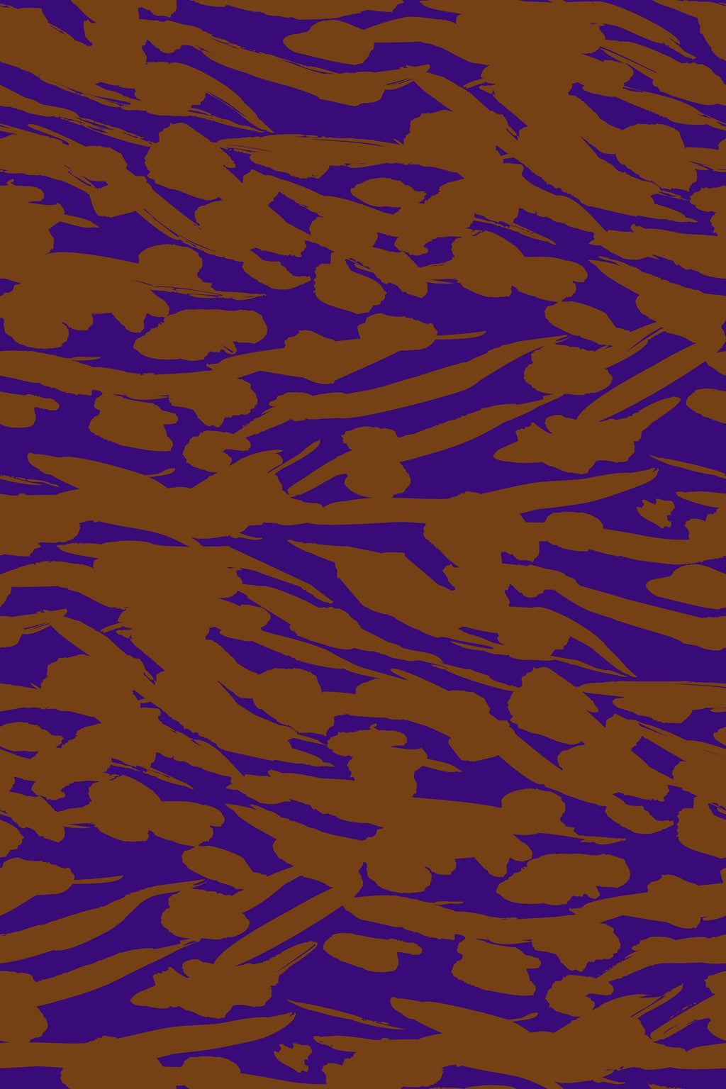 Violet Terrain, peel and stick wallpaper, rich violet background contrasts with sweeping cocoa brushstroke forms