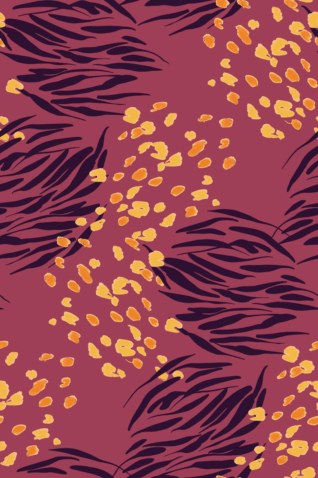 Crimson Canopy, peel and stick wallpaper, rich botanical shapes sweep across a warm background, accented by scattered