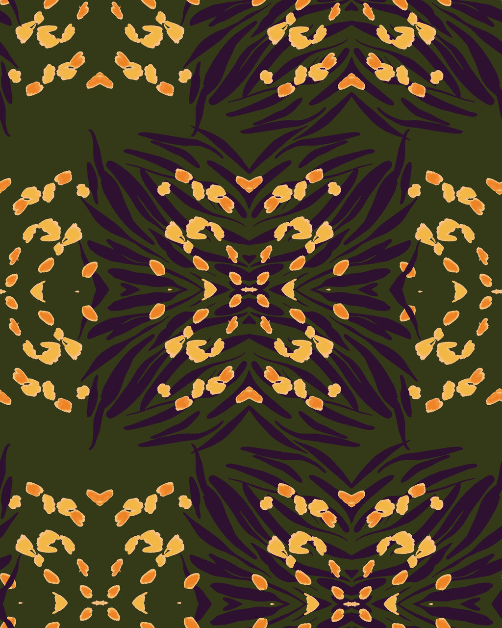 Forest Kaleidoscope, peel and stick wallpaper, symmetrical botanical shapes radiate across a deep forest backdrop
