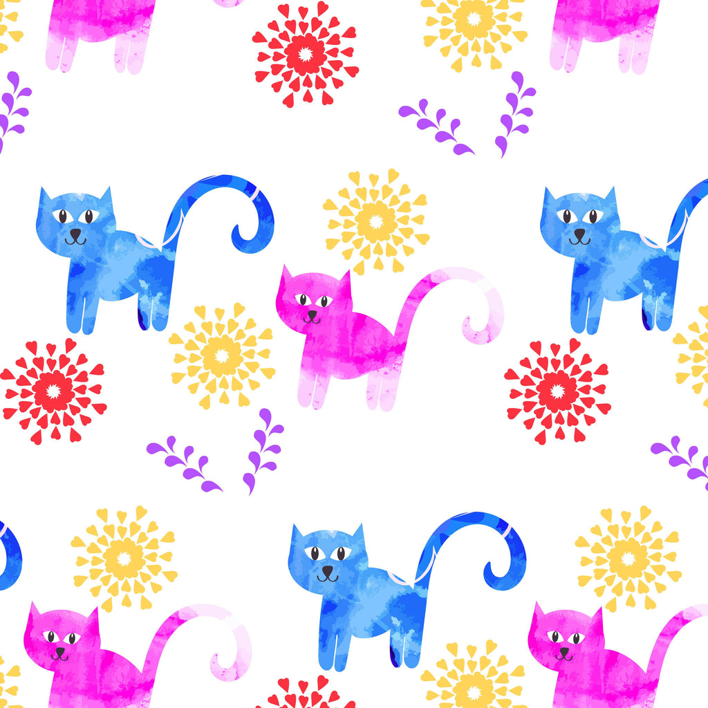 Playful Kittens, peel and stick wallpaper, colorful watercolor cats dance among cheerful floral shapes, creating a fun