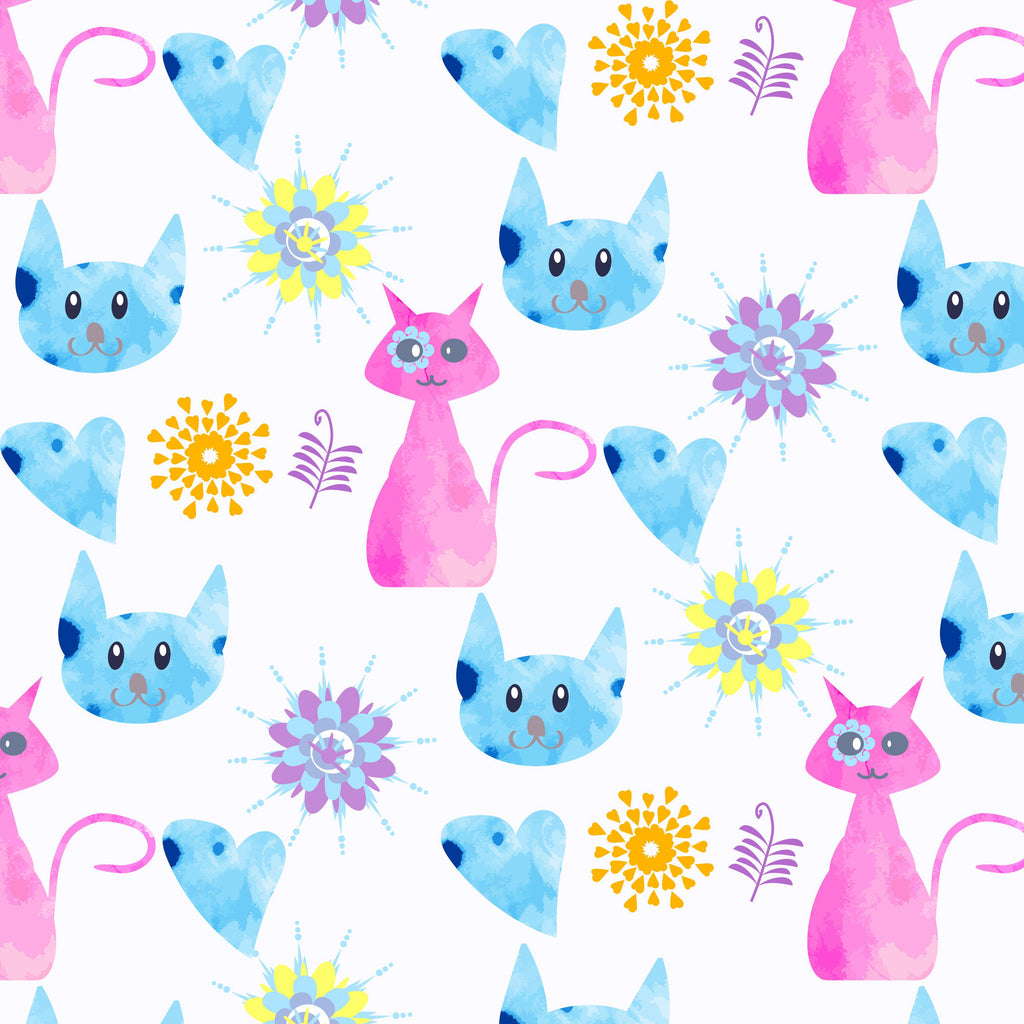 Whimsical Whiskers, peel and stick wallpaper, charming illustrated cats and playful floral bursts create a joyful