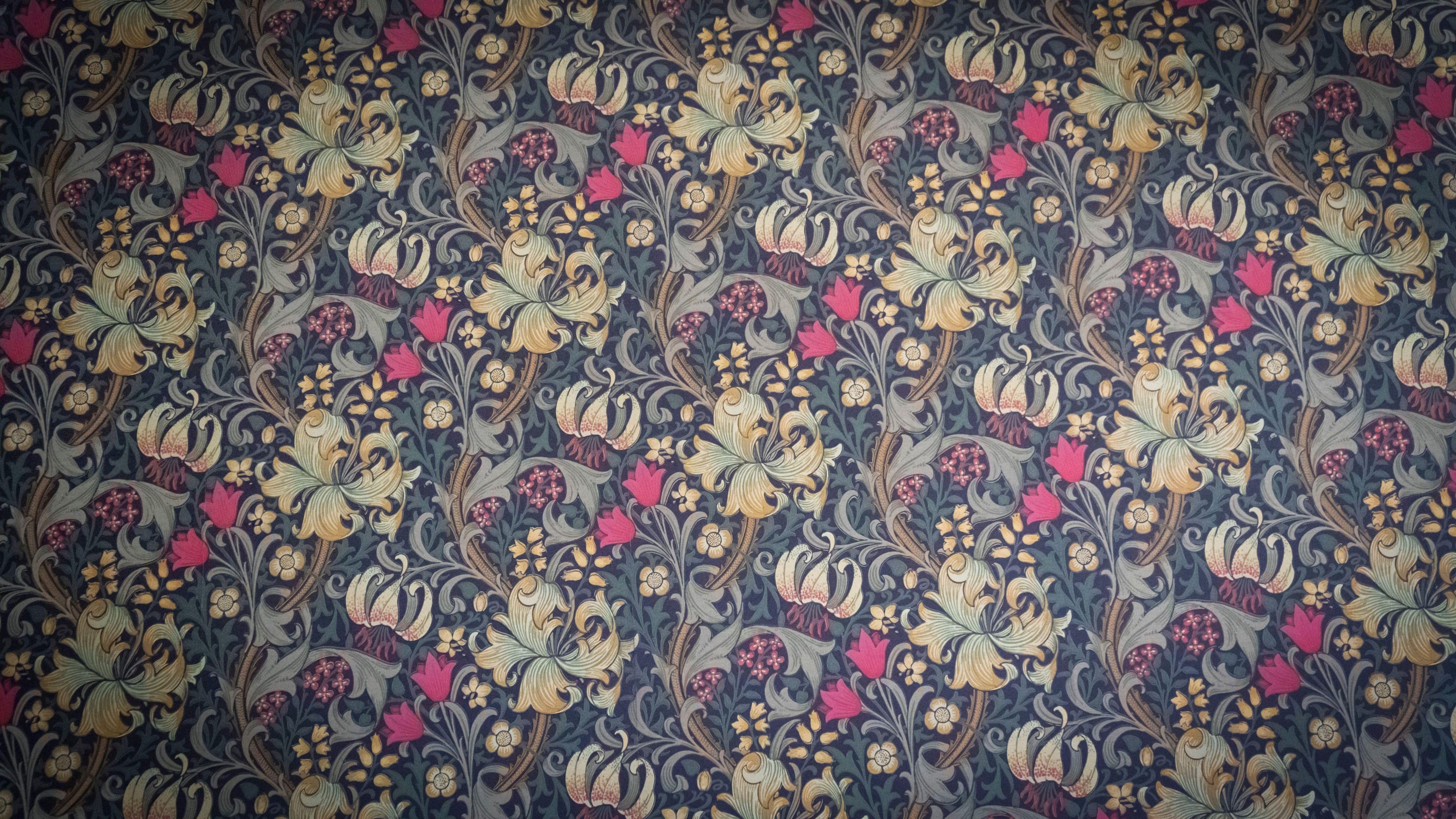 Morris Bloom wallpaper with vintage florals on deep navy