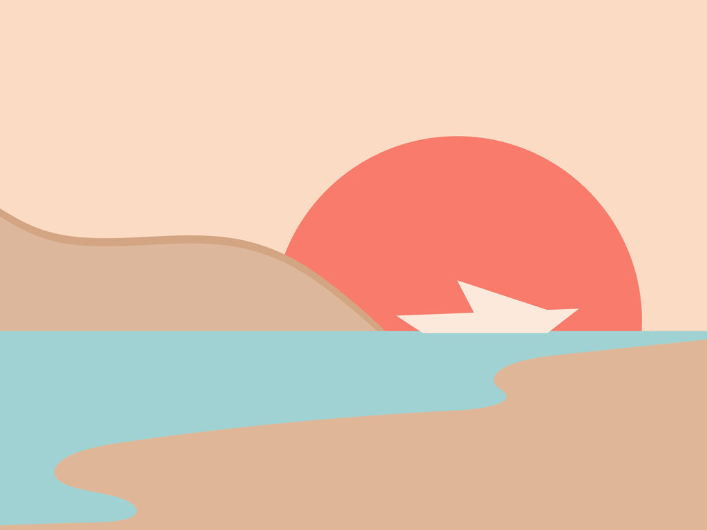 Paper Horizon, wallpaper mural, calm shoreline shapes frame a drifting paper boat beneath a warm sunset