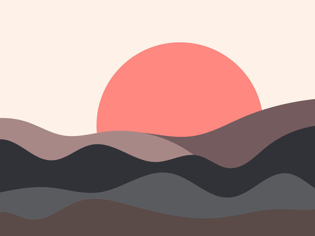 Coral Dusk, wallpaper mural, muted waves of earth-toned hills roll beneath a coral sun, creating a grounded, modern