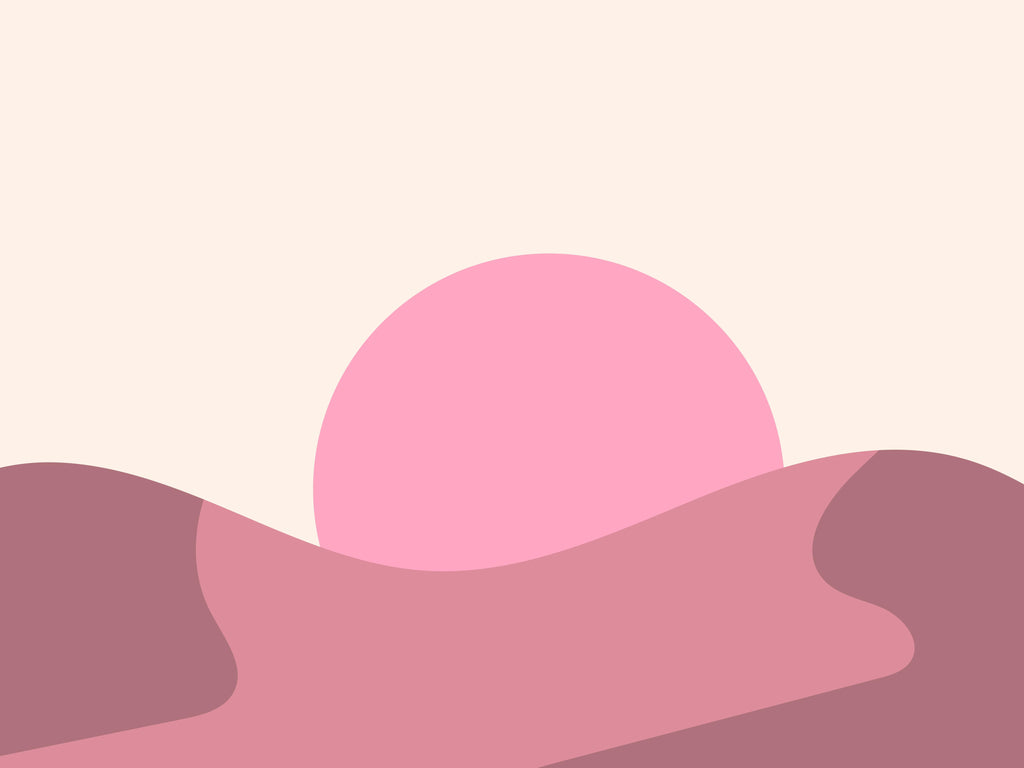 Pink Mirage, wallpaper mural, soft rolling forms cradle a glowing pink sun, creating a dreamy abstract landscape