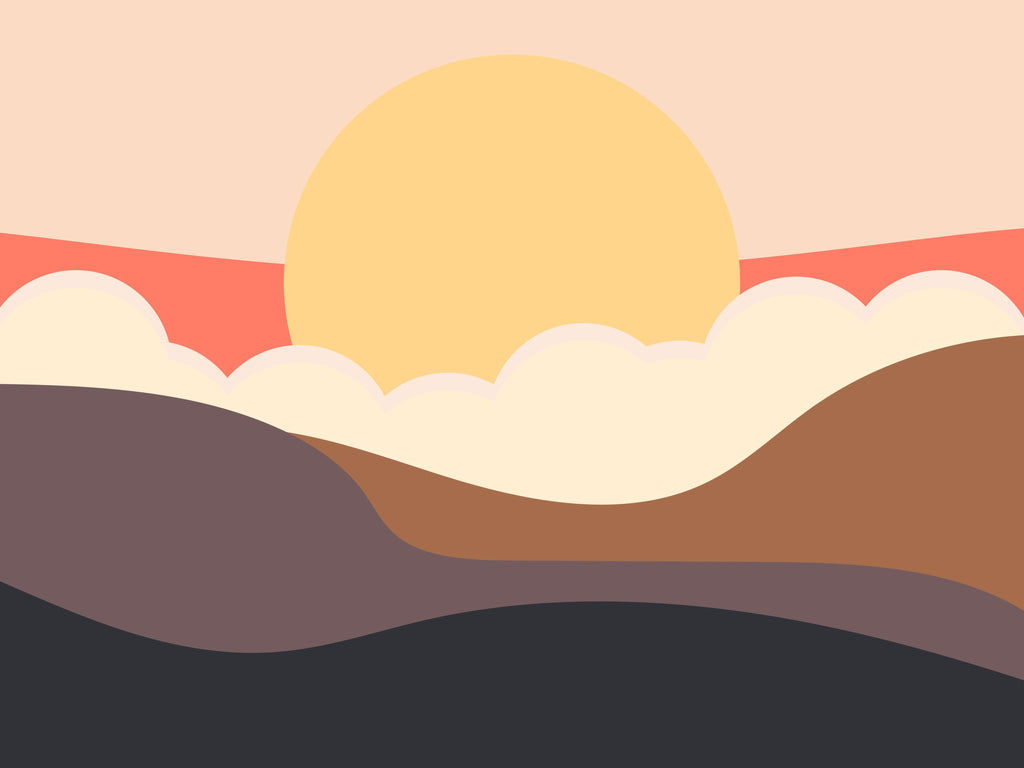 Golden Haze, wallpaper mural, soft cloud bands and rolling hills frame a glowing golden sun