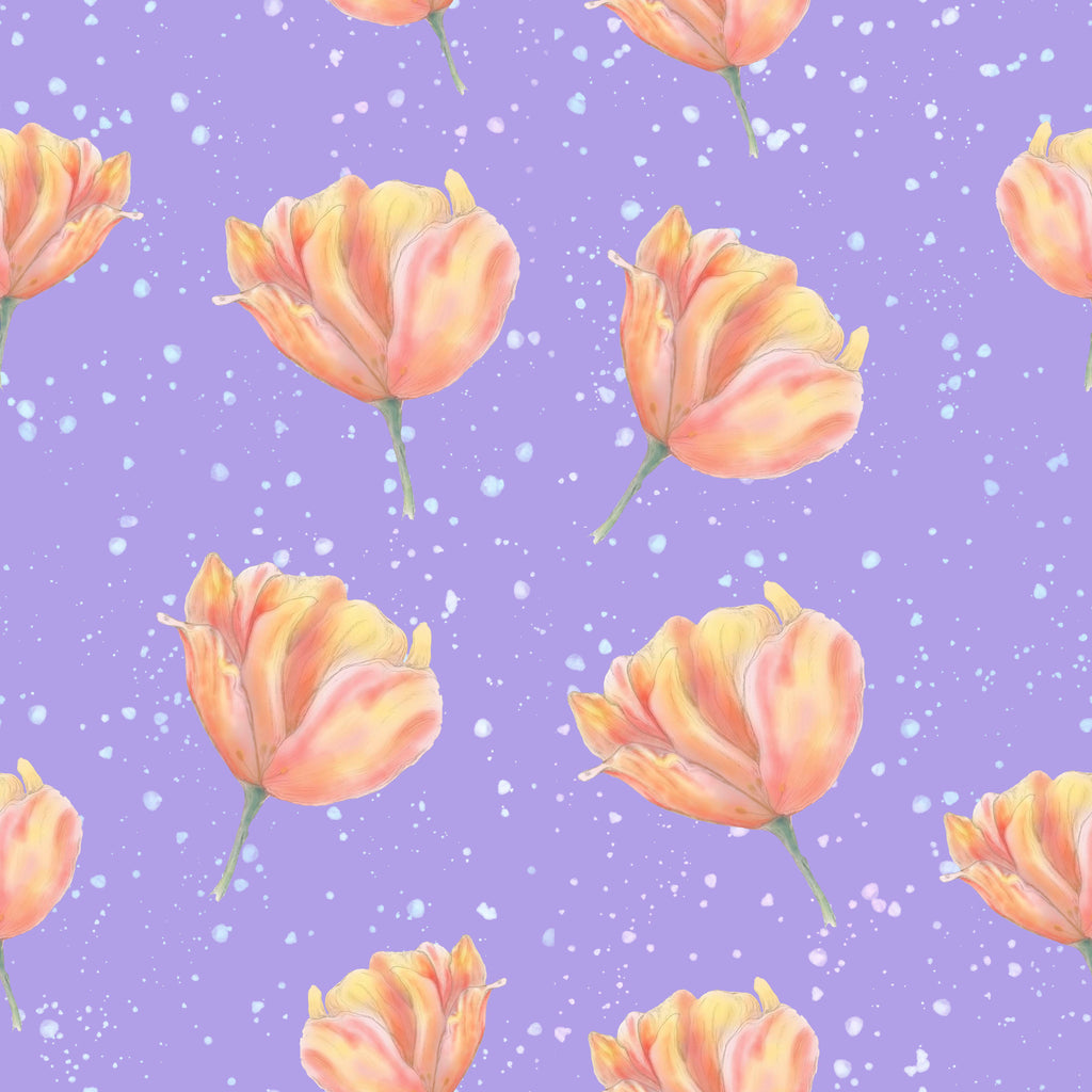 Lavender Tulips, peel and stick wallpaper, soft peach and golden tulip blossoms float across a gentle lavender background