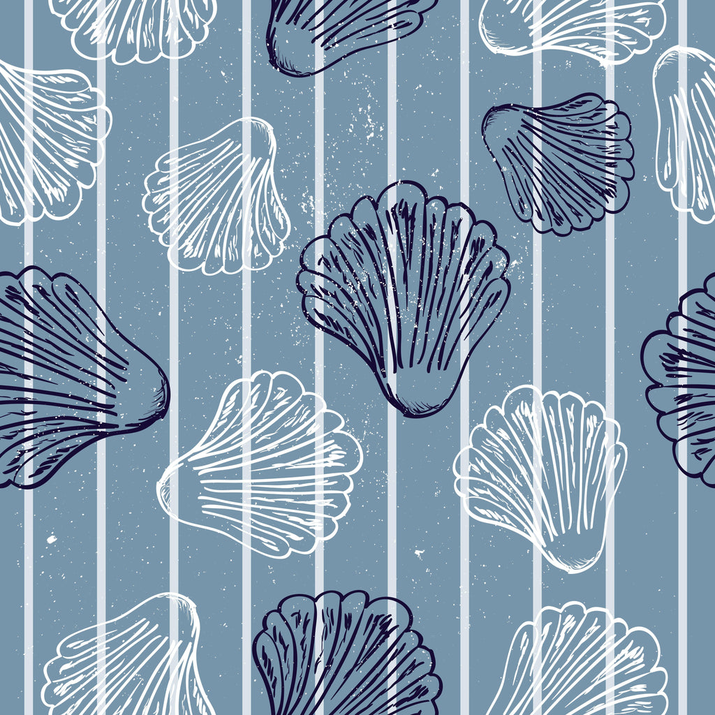 Shell Stripe, peel and stick wallpaper, seaside calm indoors with delicate shell illustrations layered over soft vertical