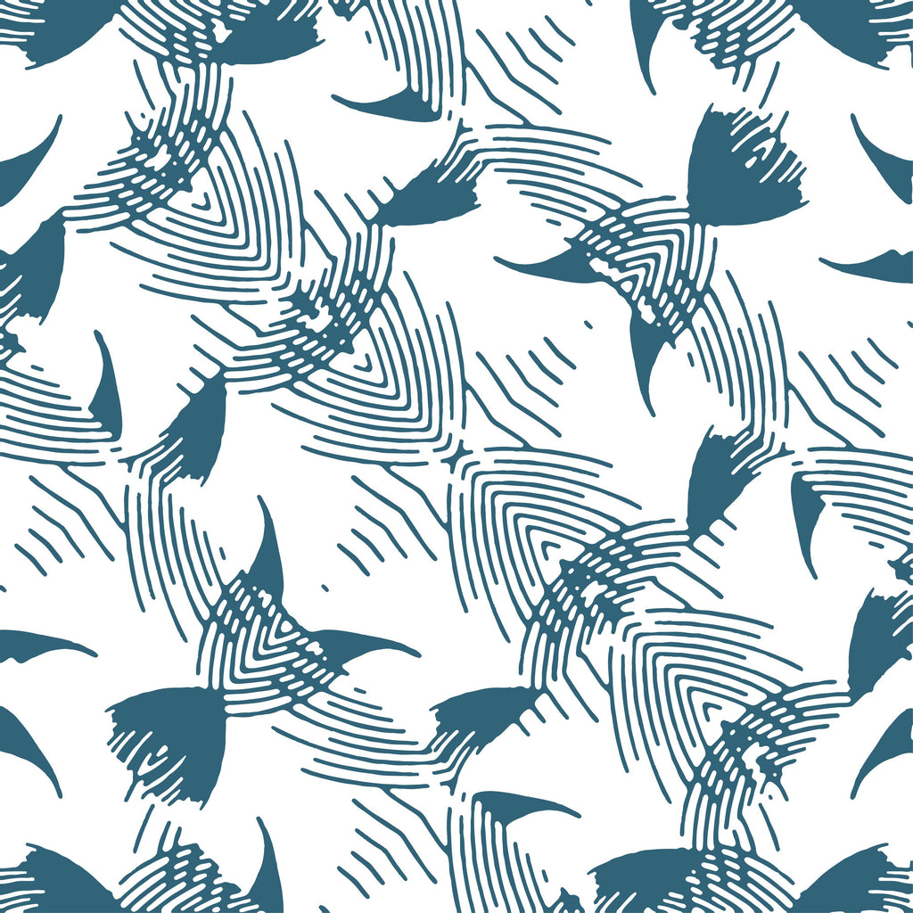 Teal Flight, peel and stick wallpaper, graphic silhouettes glide across a crisp white field, layered with flowing linework