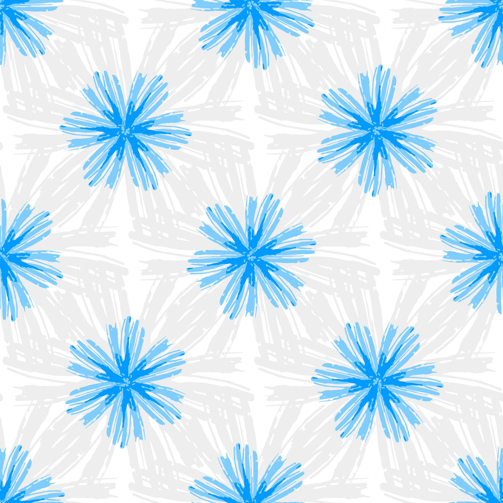 Azure Bursts, peel and stick wallpaper, radiating brushstroke flowers repeat across a soft neutral background