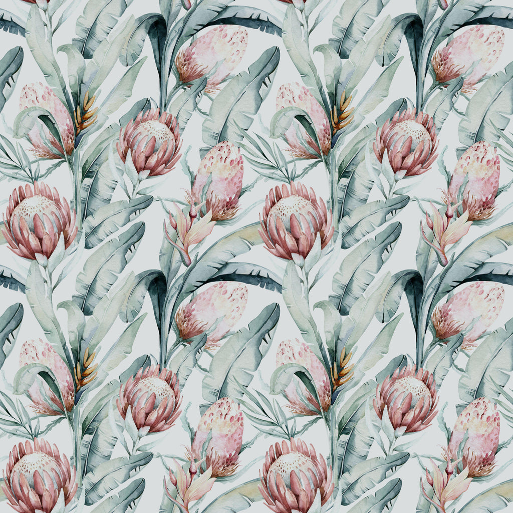 Protea Canopy, peel and stick wallpaper, graceful watercolor protea blossoms rise among flowing tropical leaves
