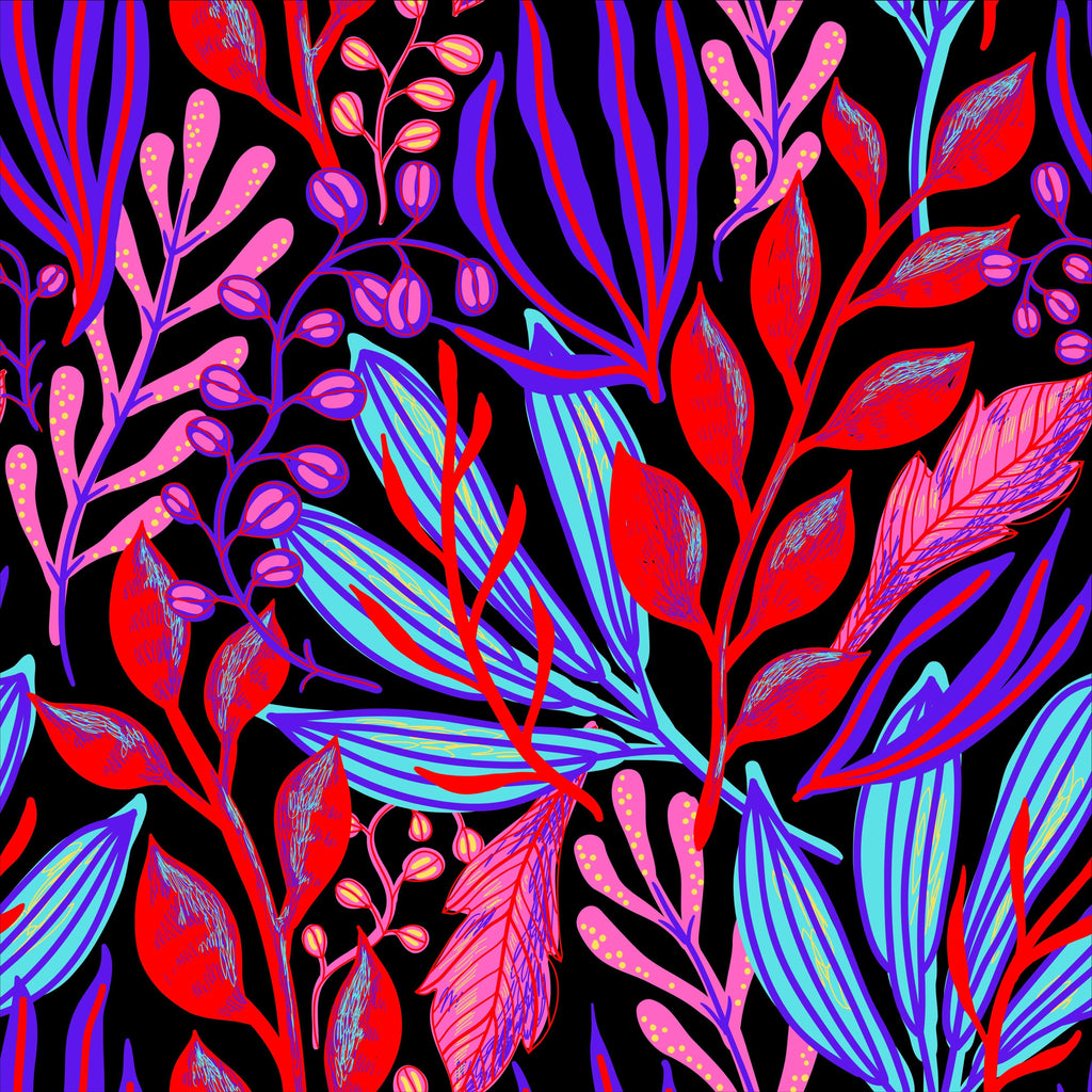 Electric Foliage, peel and stick wallpaper, bold illustrated leaves and branches burst across a dark background in vibrant