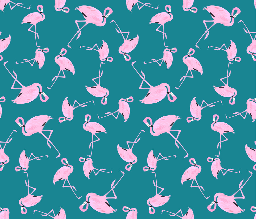 Flamingo Parade, peel and stick wallpaper, playful pink flamingos dance across a rich teal background, creating a lively