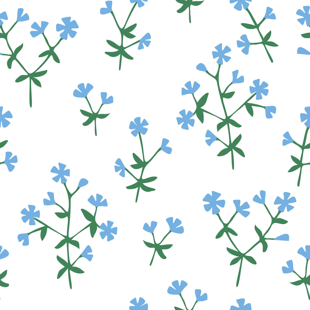 Meadow Sprigs, peel and stick wallpaper, delicate blue blossoms on slender green stems create a simple, calming botanical