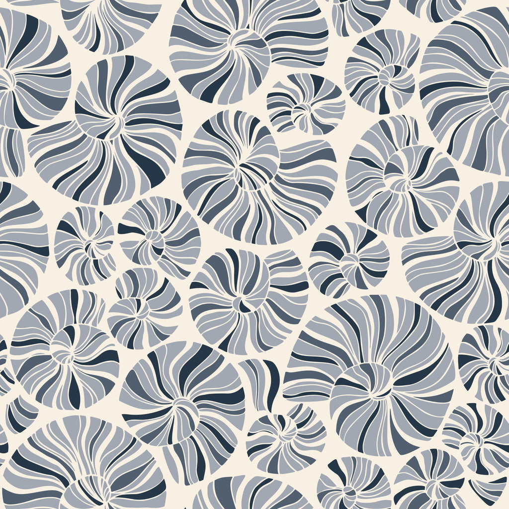 Nautilus Layers, peel and stick wallpaper, nautilus shell pattern wallpaper featuring layered spiral forms in soft gray