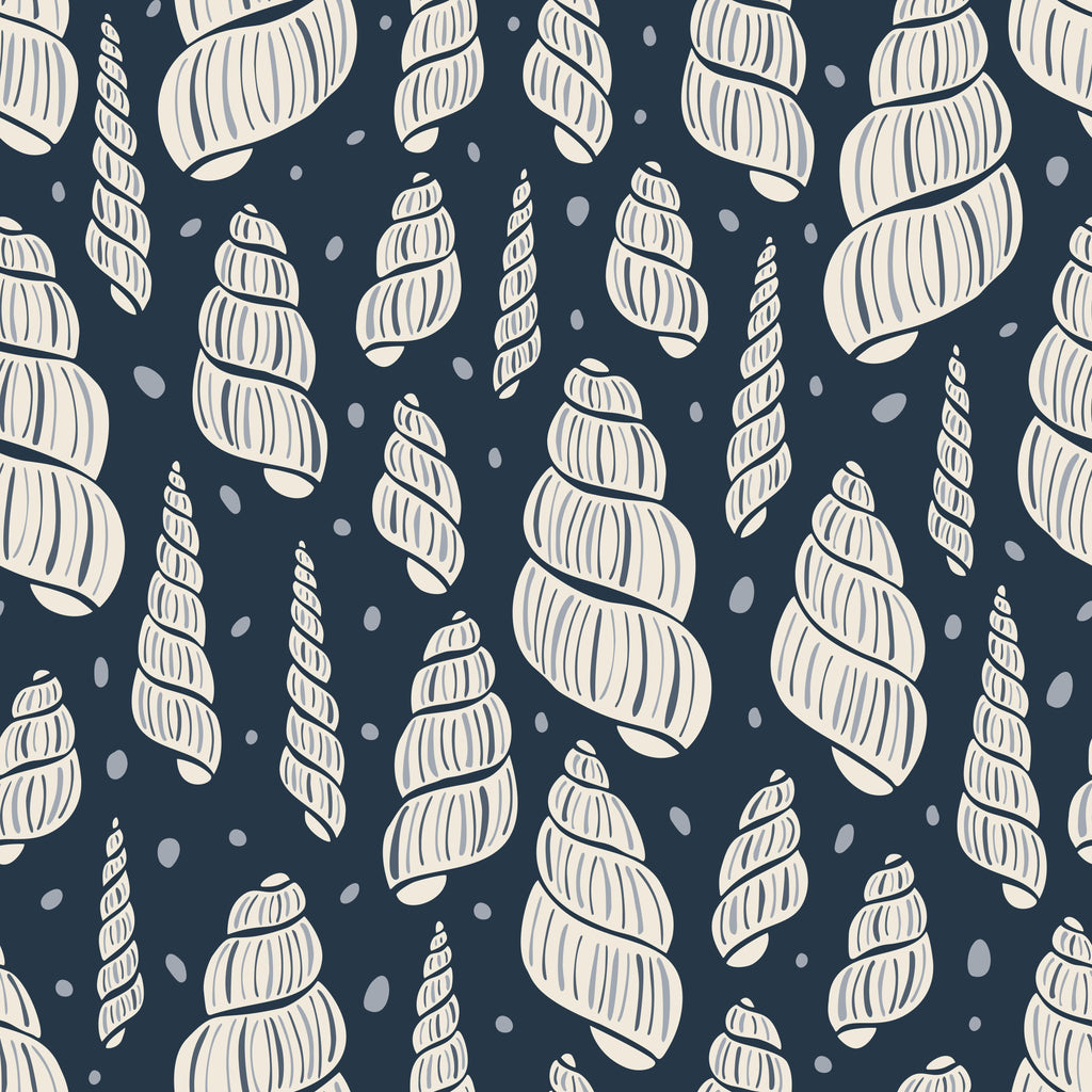 Spiral Shells, peel and stick wallpaper, spiral shell wallpaper set against a deep ocean background
