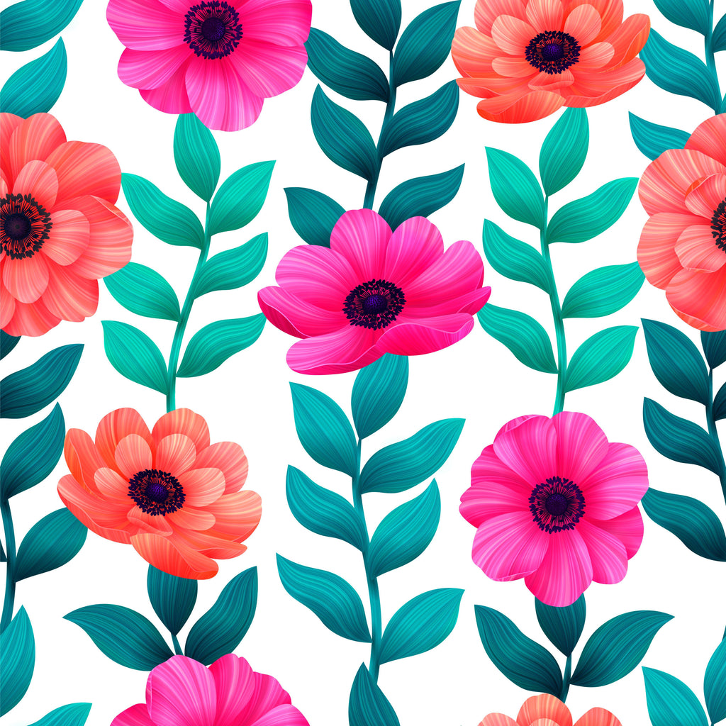 Petal Parade, peel and stick wallpaper, bright blooming flowers arranged among flowing teal leaves create a cheerful