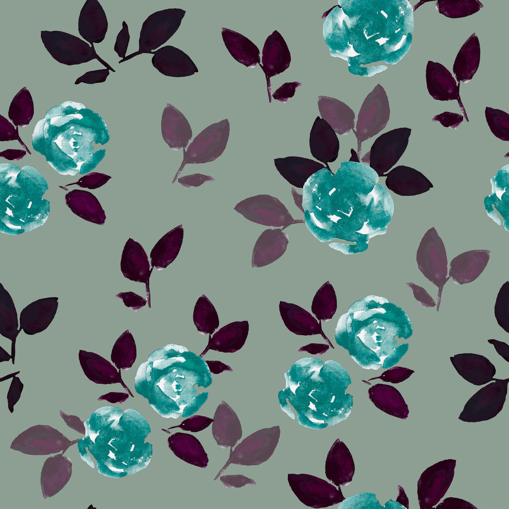 Teal Camellias, peel and stick wallpaper, loose watercolor camellia blooms in rich teal tones scatter across a muted sage