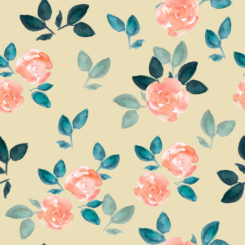 Peach Camellias, peel and stick wallpaper, soft watercolor camellia blossoms in warm peach tones float across a sandy