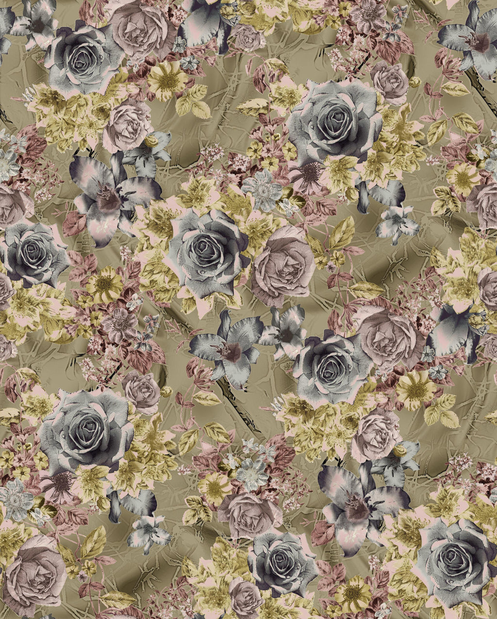 Vintage Bouquet, peel and stick wallpaper, layered vintage style roses and wildflowers bloom across a warm olive