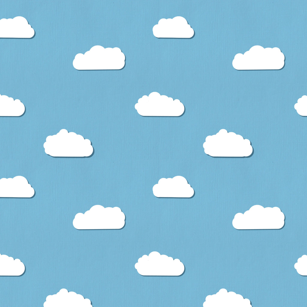 Cloud Drift, peel and stick wallpaper, soft white clouds float across a calm blue sky, creating a peaceful and dreamy