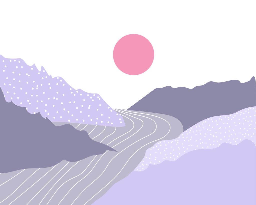 Blush Passage, wallpaper mural, a winding river flows through soft lavender hills beneath a gentle blush sun