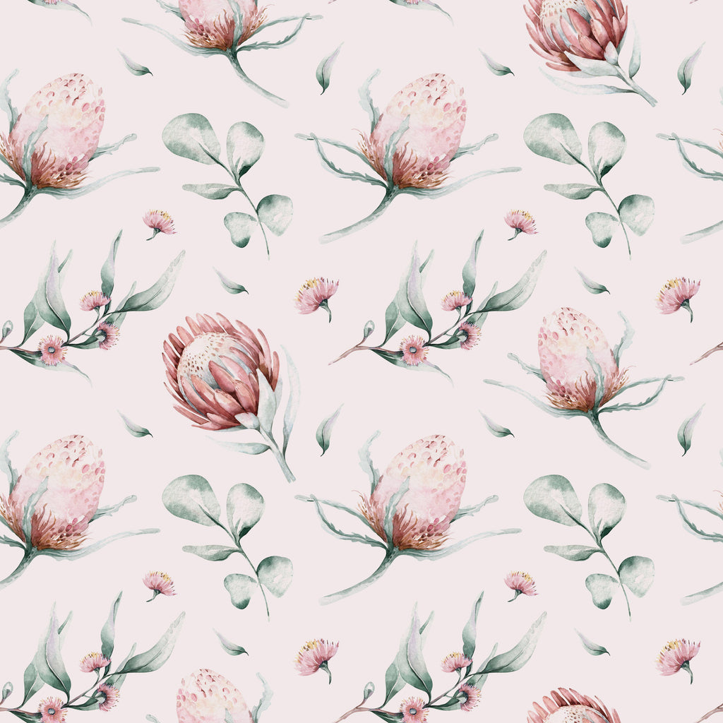 Blush Meadow, peel and stick wallpaper, soft watercolor protea blossoms and eucalyptus sprigs drift across a pale blush