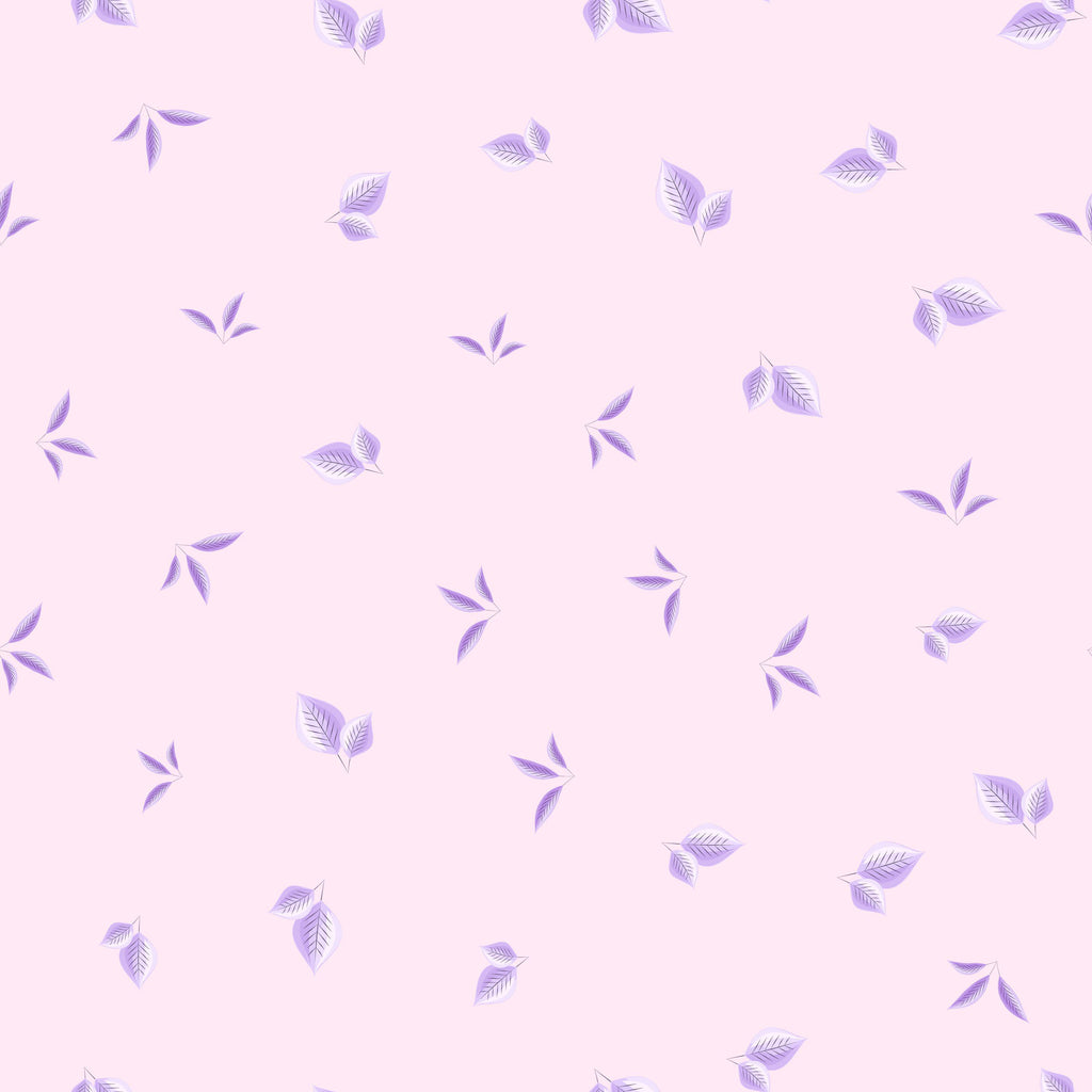 Lilac Leaves, peel and stick wallpaper, soft lavender leaves drift across a blush-toned background, creating a gentle