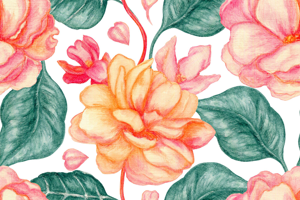 Coral Blossom, peel and stick wallpaper, large coral and peach floral blooms spread across a bright white background