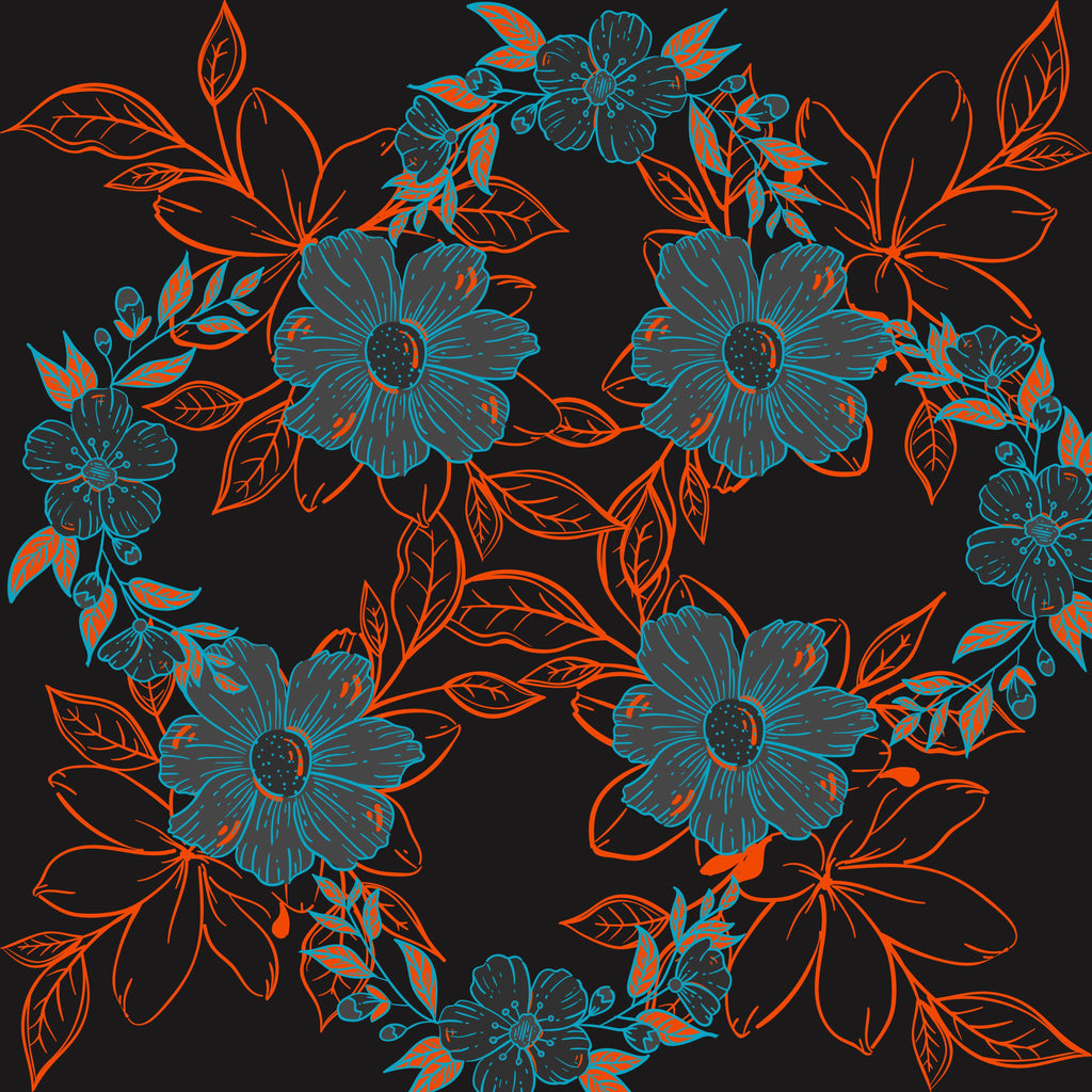 Neon Garland, peel and stick wallpaper, delicate floral linework forms a circular botanical arrangement, glowing