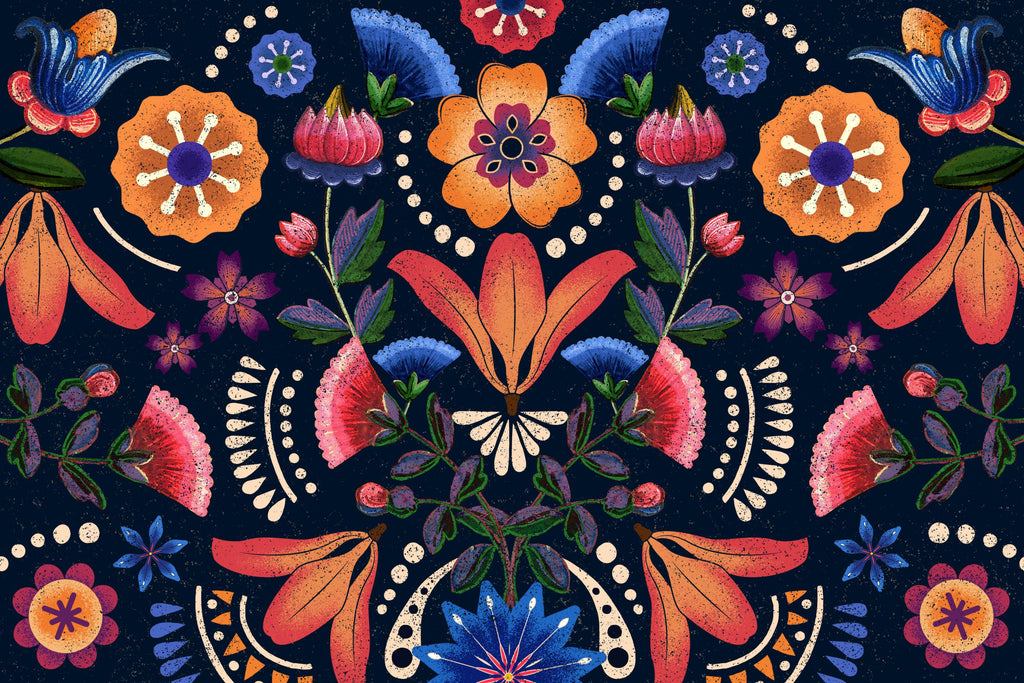 Folk Bloom wallpaper with ornate folk florals on navy