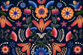 Folk Bloom wallpaper with ornate folk florals on navy