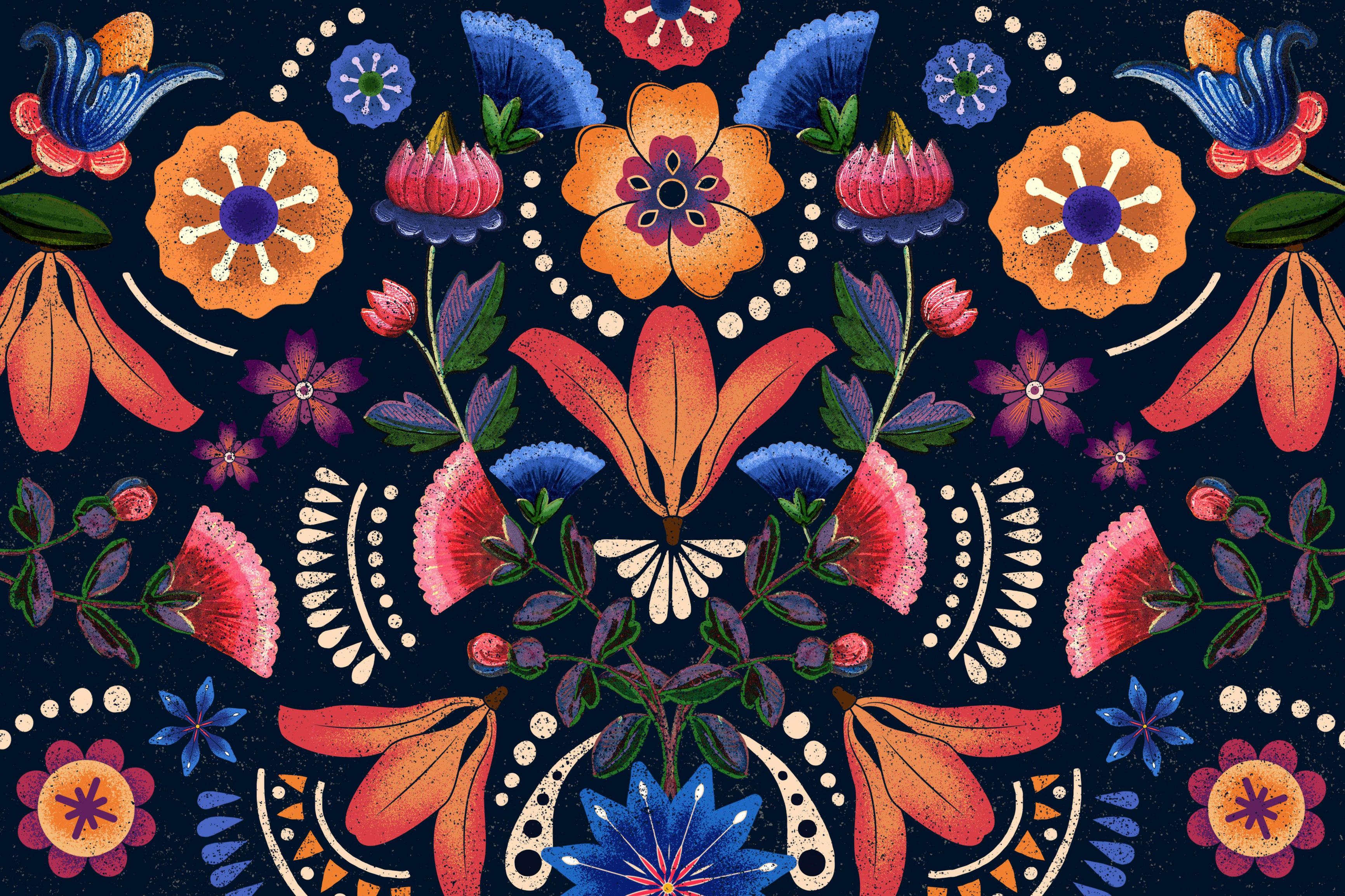 Folk Bloom wallpaper with ornate folk florals on navy